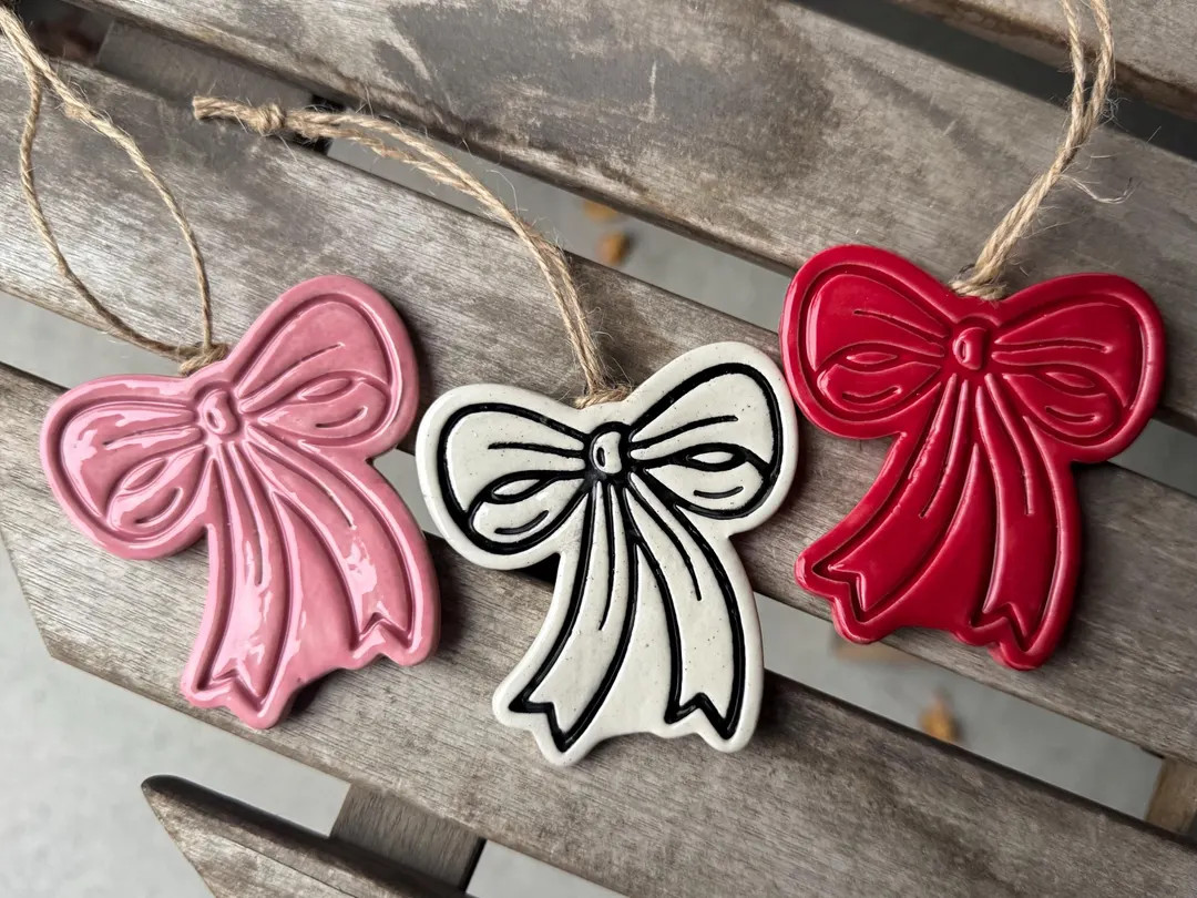 Handmade Ceramic Bow Ornament: Pink Coquette Christmas Decor - Etsy | Etsy (US)