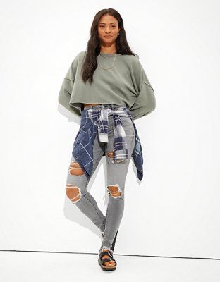 AE Fleece Cropped Crew Neck Sweatshirt | American Eagle Outfitters (US & CA)