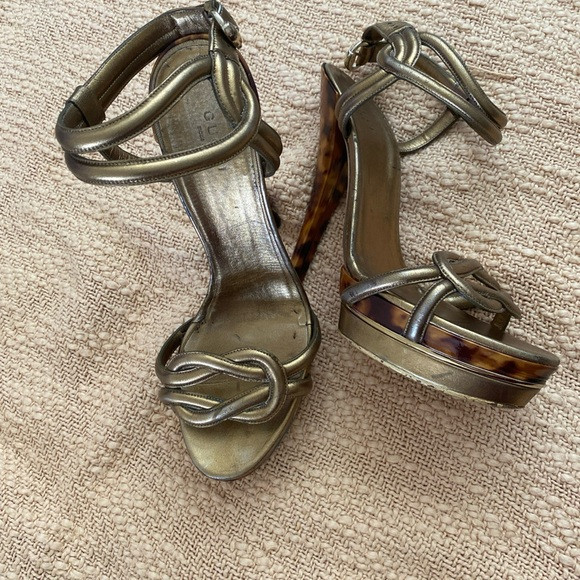 Gucci Gold Heels with Ankle Strap and Knotted Detail | Poshmark