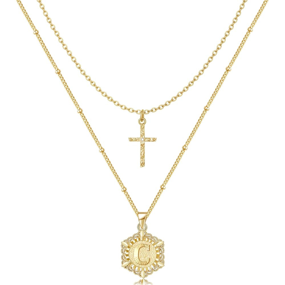 KELORIS PATH Gold Layered Initial Cross Necklace, 14K Gold Plated Layering Square Letter Pendant ... | Amazon (US)