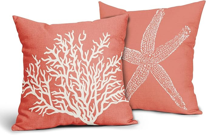 Coastal Coral Throw Pillow Covers 18x18 Inch Set of 2 Starfish Beach Nautical Pillow Covers Summe... | Amazon (US)