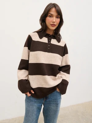 Rylee Knitted Stripe Rugby Jumper - Beige and Brown | Pretty Lavish (UK)