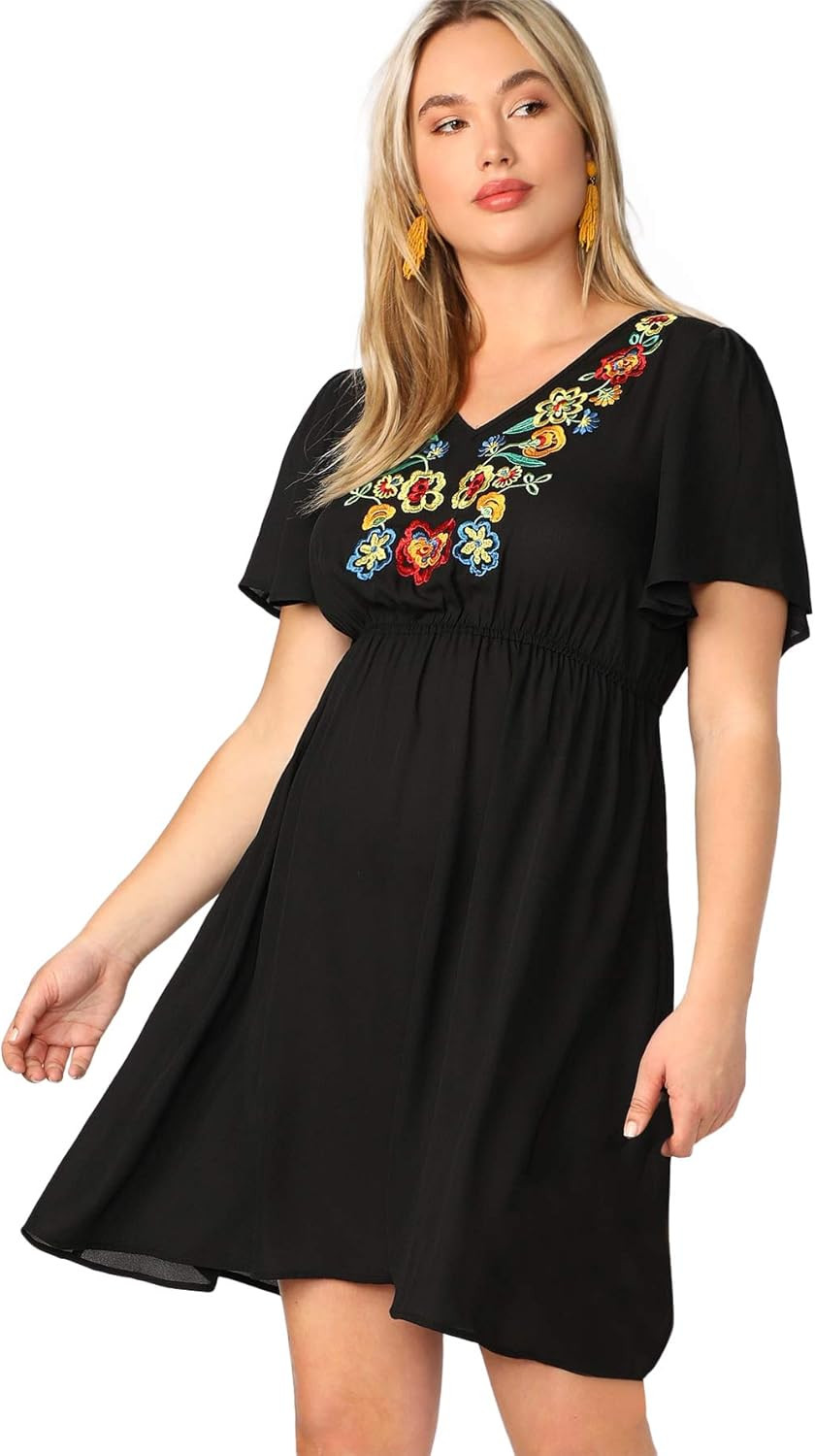 Romwe Women's Plus Size Embroidery Floral Ruffle Short Sleeve Casual Tunic Dress | Amazon (US)