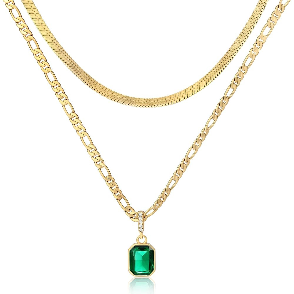ACECHA Gold Layered Necklaces for Women, 18K Gold Plated Emerald Pendant Rectangle Necklaces for ... | Amazon (US)