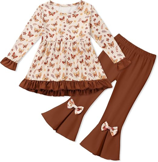 Toddler Girl Clothes Girls Fall Winter Outfits, Ruffle Long Sleeved Floral Shirts Top + Bell-Bott... | Amazon (US)