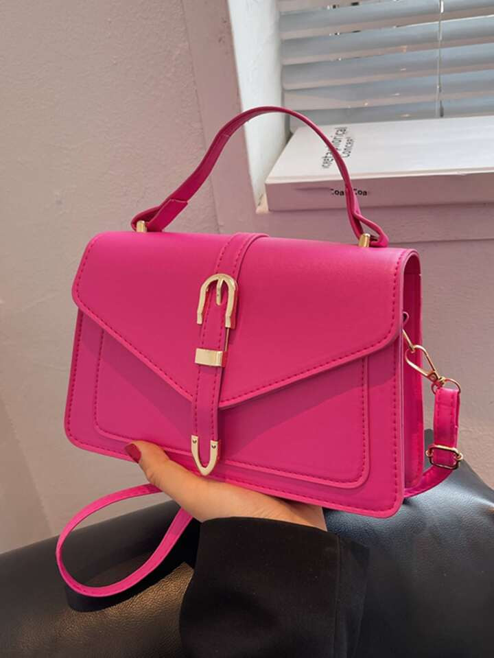 Neon-pink Buckle Decor Flap Square Bag | SHEIN