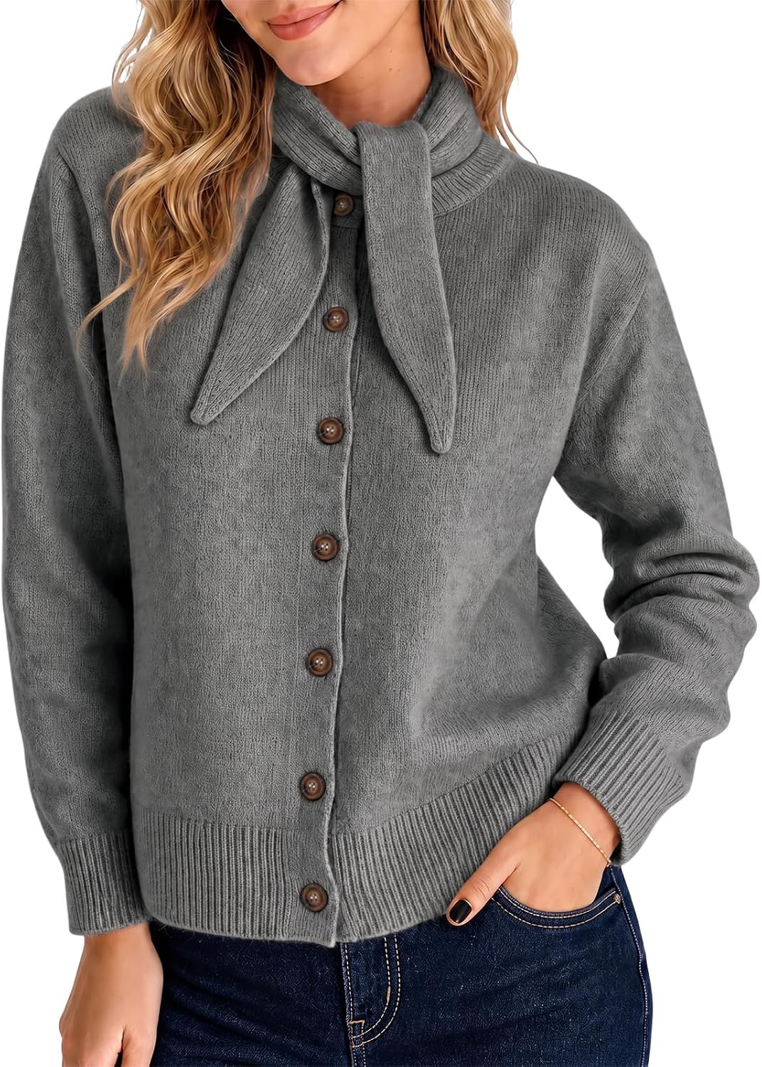 Cicy Bell Womens Button Down Cardigans Sweaters Tie Bow Long Sleeve Knit Tops | Amazon (US)