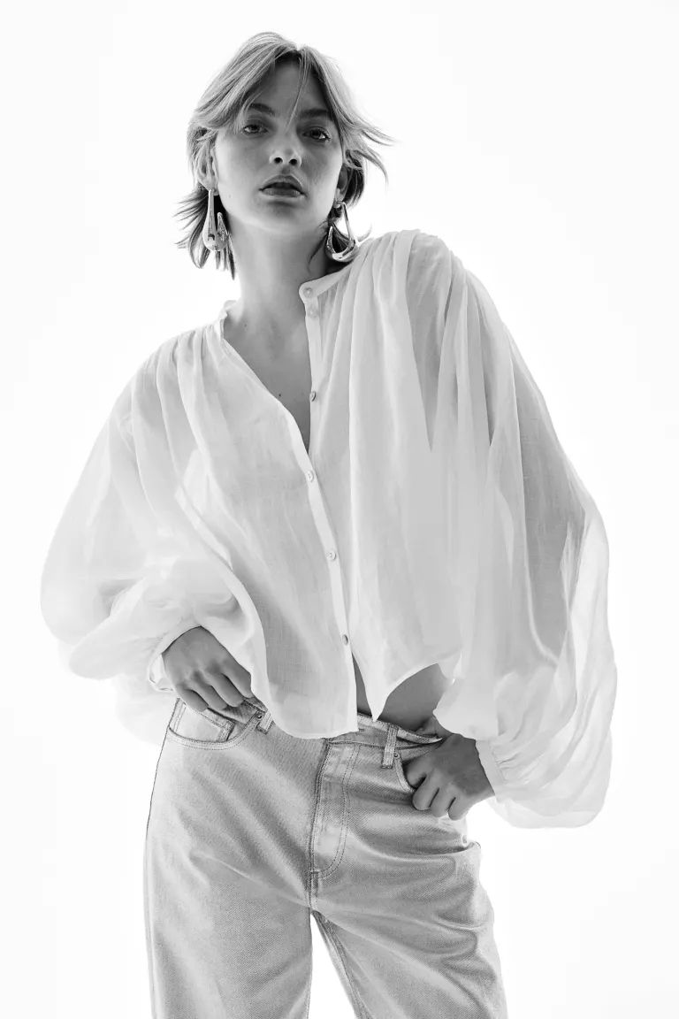 Balloon-sleeved Ramie Blouse - Long sleeve - Regular length - White - Ladies | H&M US | H&M (US + CA)