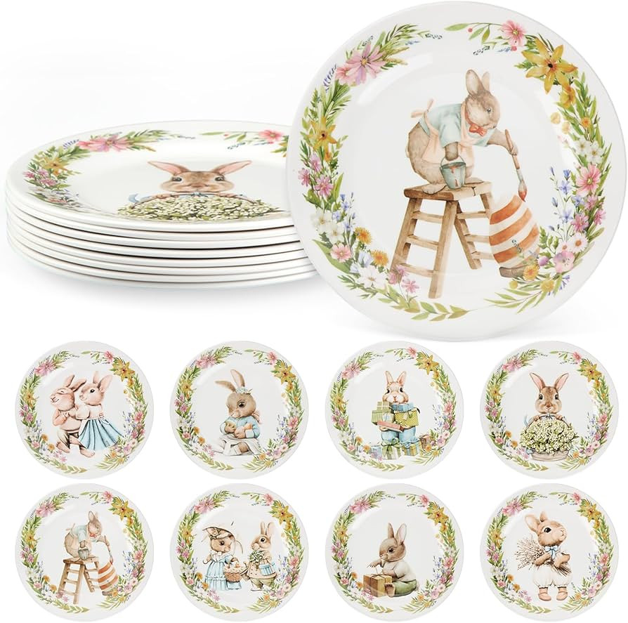 8 Pcs Easter Bunny Salad Plates 8 Inch Dessert Plates Assorted Designs Multicolored Ceramic-like ... | Amazon (US)