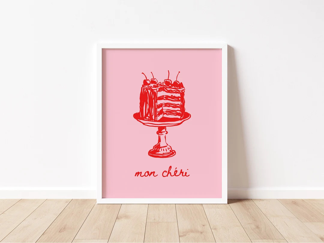 Cute Cake Art Print, Mon Cheri Kitchen Print, Vintage Dessert Poster, Pink Red Art, French Cherry... | Etsy (US)