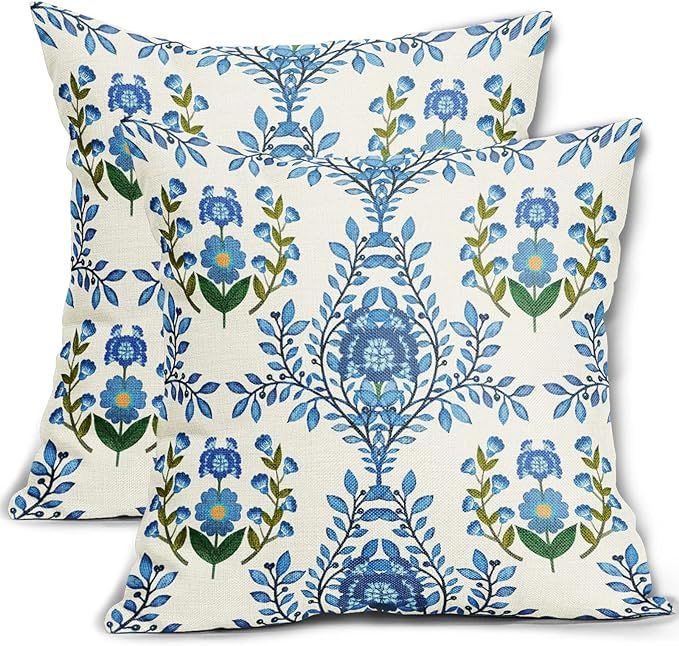 Sweetshow Chinoiserie Pillow Covers 18x18 Inch Set of 2 Watercolor Green Blue Floral Leaves Decor... | Amazon (US)