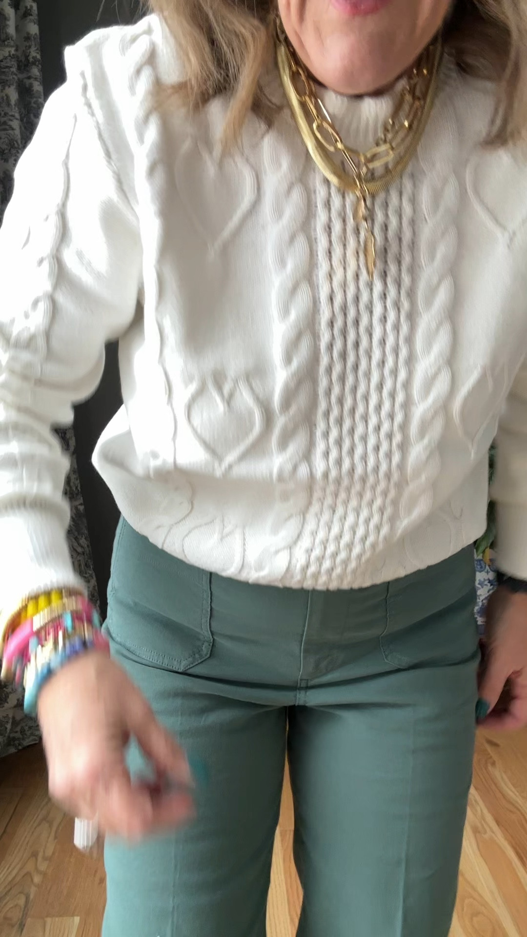 This sweater from J Crew factory has a little nod to the hearts and a pretty ruffle neckline. A great classic piece.

20% off Allie Bess bracelets code NANETTE20
Wanted to show you the sneakers they’re from Target in cheetah. They’re comfortable and I think they’ll go fast.

Green pants are the viral Lizzie pants by JCREW factory. Wearing a size 29


J Crew Factory fisherman sweater heart sweater ruffle neck sweater target sneakers cheetah sneakers front pocket green pants 

#LTKOver40 #LTKWatchNow #LTKMidsize