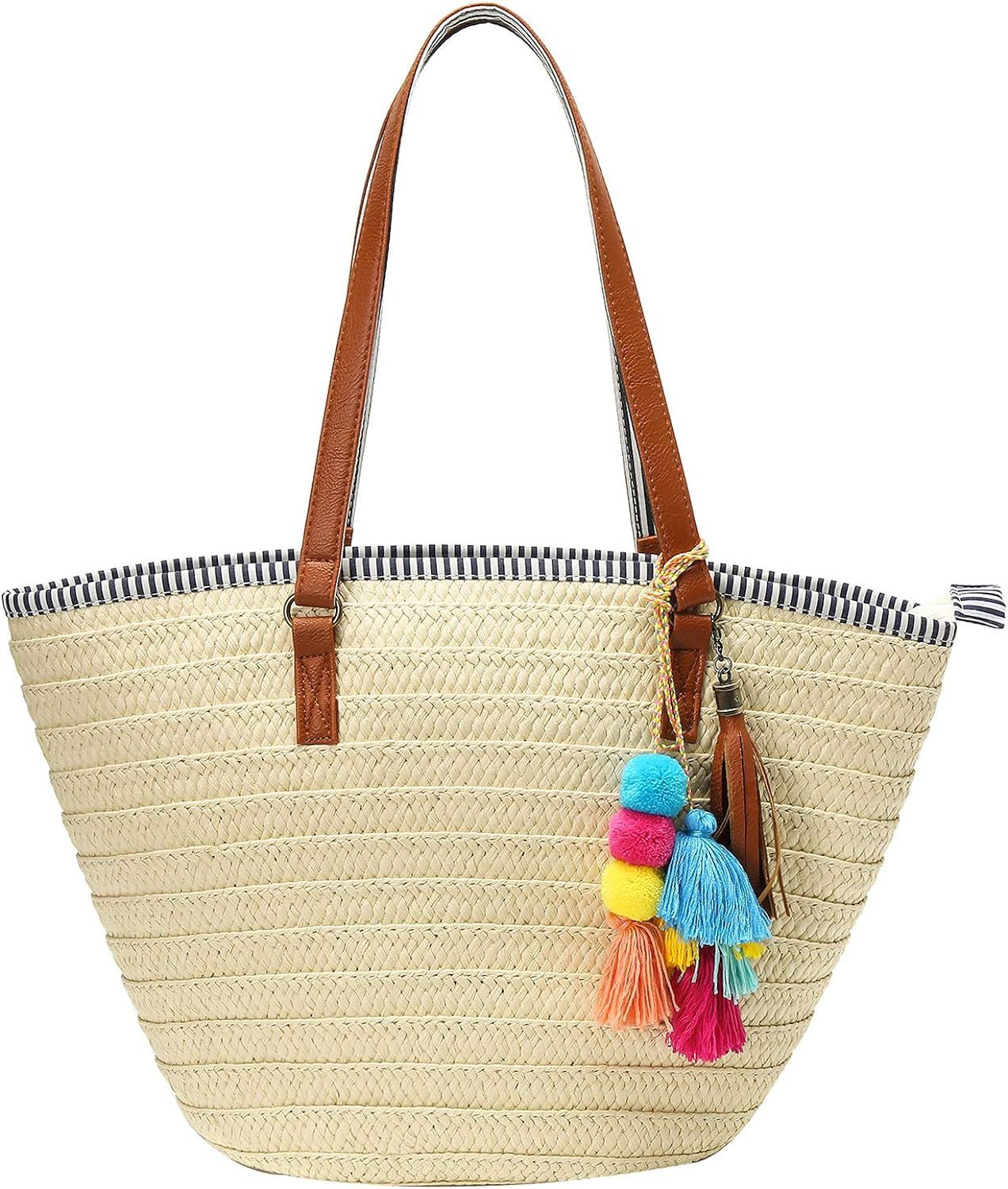 Obosoyo Straw Bags Beach Bag for Women Large Round Wicker Tote Bags Pompom Shoulder Bag Summer Pu... | Amazon (US)