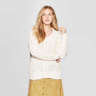 Women's Long Sleeve Ribbed Cuff V-Neck Cable Chenille Pullover Sweater - Universal Thread™ | Target