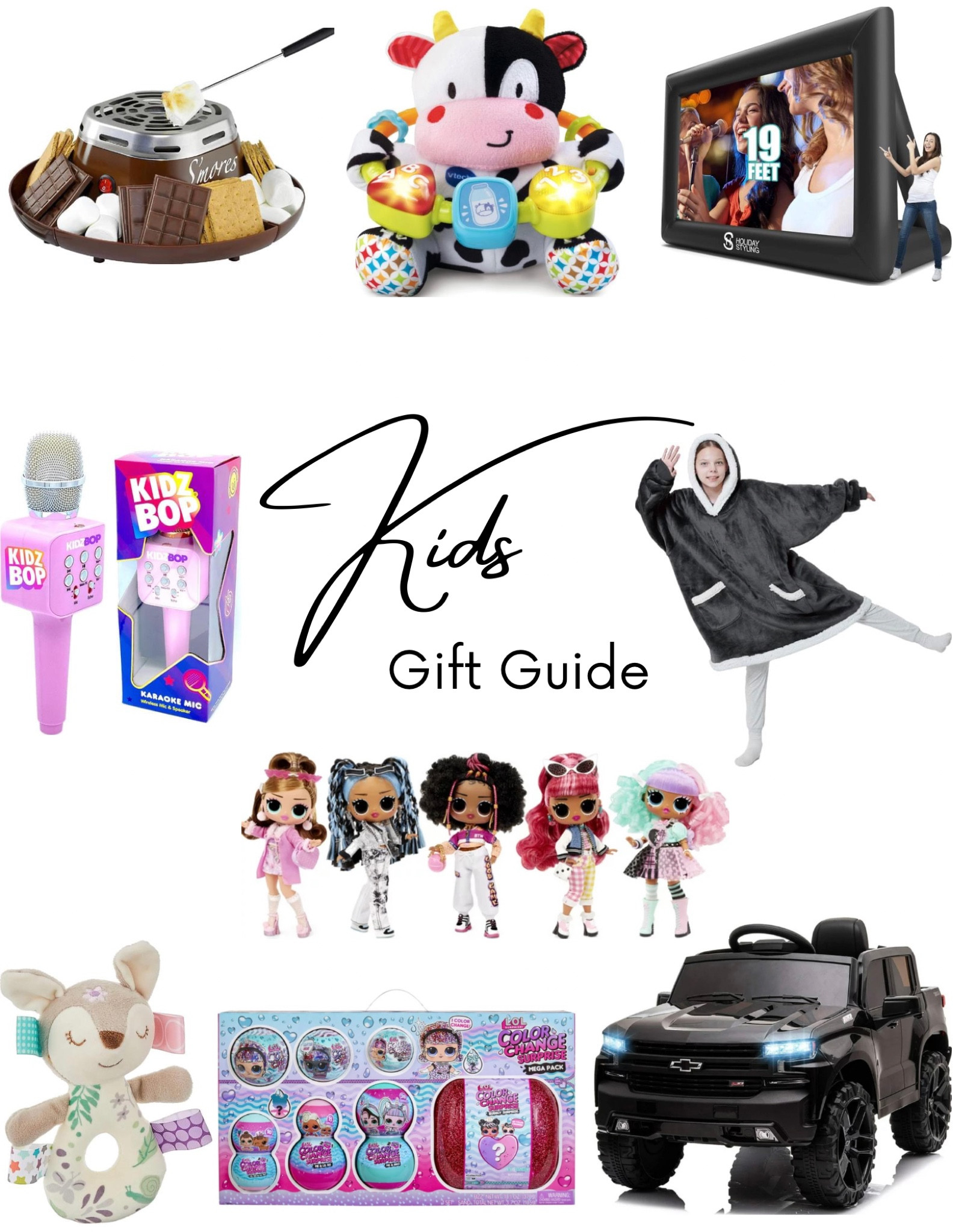 A gift guide for Kids of all ages!! And most are on sale right now for Black Friday! Linked is an indoor s’mores maker (what kid doesn’t love s’mores?), LOL dolls, a blow up, outdoor projector screen, a microphone for your little superstar, a ride on battery operated truck, baby stuffed animals with sounds, lights, and tags, and the most comfortable blanket hoodie EVER! 

#LTKCyberweek #LTKsalealert #LTKGiftGuide