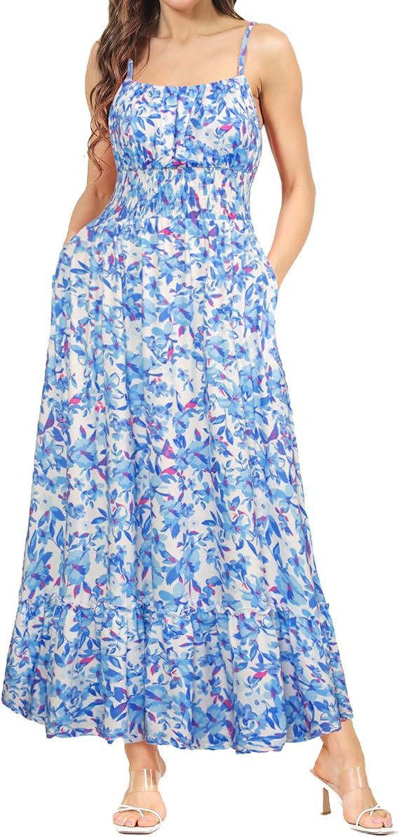 GRACE KARIN Summer Dresses for Women 2026 Vacation,Smocked Floral Maxi Dress,Boho Beach Sundress ... | Amazon (US)