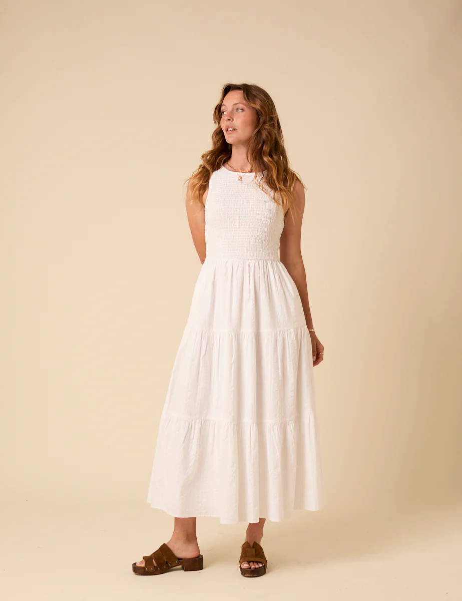 White Sleeveless Tiered Charlie Midi Dress | Nobody's Child