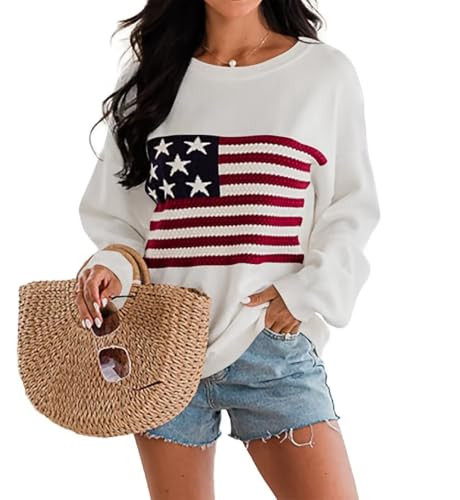 Dressmine Womens 4Th of July Outfit Loose Long Sleeve Blouse Soft Hollow Out Ribbed Kint 2025 American Flag Sweater White Small | Amazon (US)
