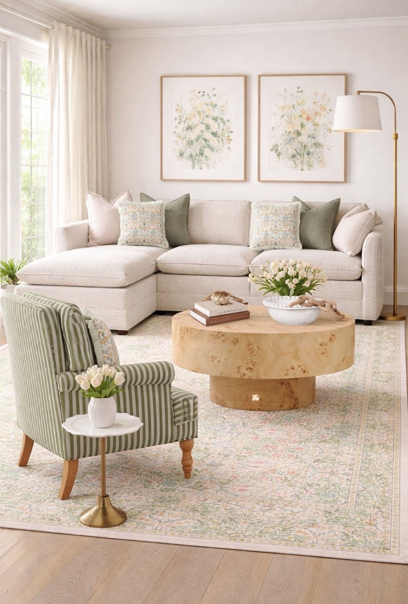 Spring refresh
Spring home decor
Green living room
Green decor accents
Spring green 
Floral pillows
Floral rug
Stripes chair 
White and green living room 


#LTKHome