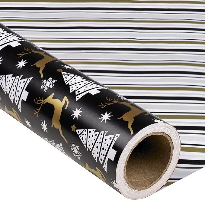 MAYPLUSS Christmas Reversible Wrapping Paper Jumbo Roll - 30 Inches x 100 Feet - Black Gold Reind... | Amazon (US)