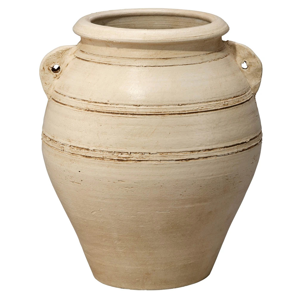 Lillian Coastal Cream Handled Carved Ceramic Vase | Kathy Kuo Home