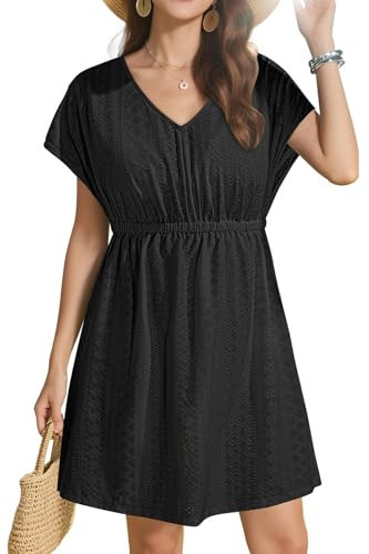 Pinup Fashion Swimsuit Cover Ups Women Black Cover Ups Swimwear Short Sleeve Elastic Waist Coverup M | Amazon (US)