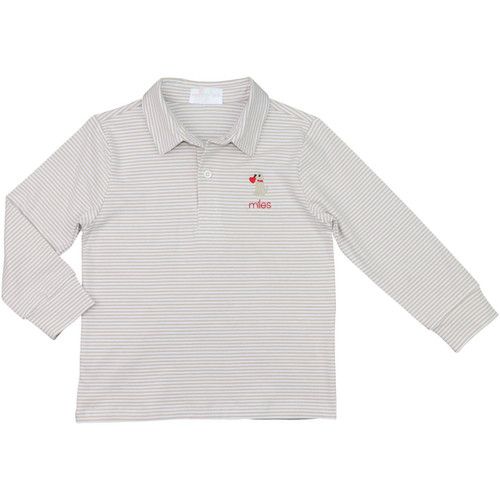 Khaki Knit Stripe Embroidered Puppy And Heart Polo | Cecil and Lou
