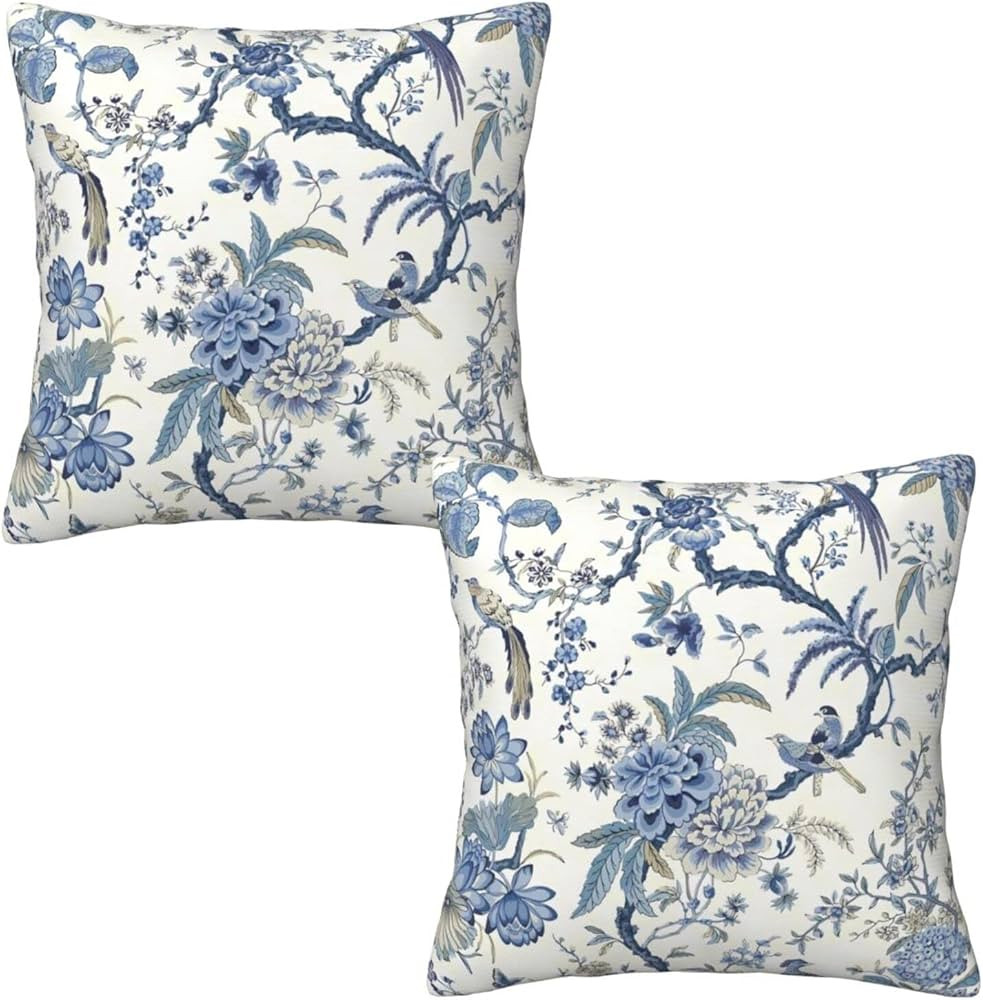 Chinoiserie Blue and White Throw Pillow Covers Set of 2 Birds Flowers Decorative Pillow Case Outd... | Amazon (US)