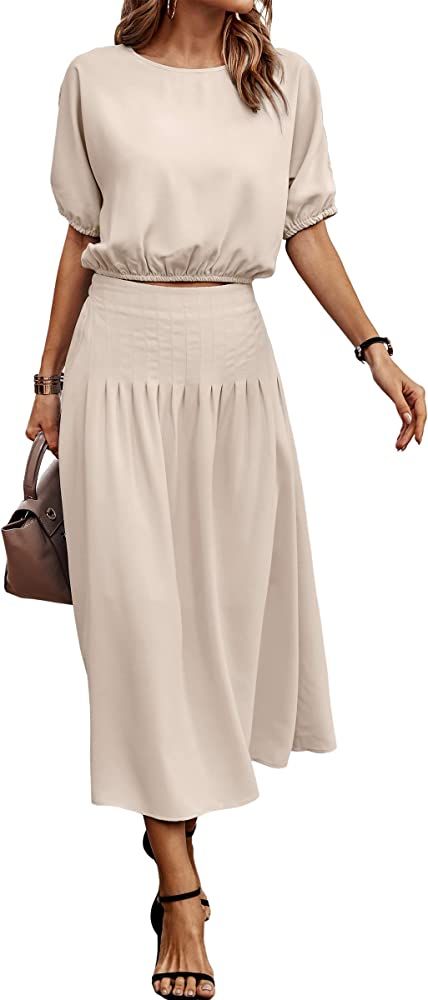 ECOWISH Women's Dresses 2023 Two Piece Outfits for Women Summer 2 Piece Dress Pleated Midi Skirt ... | Amazon (US)