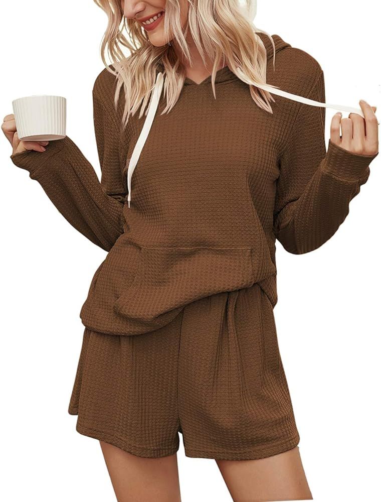 KIRUNDO Women’s 2021 Two Piece Pajama Set Long Sleeves Solid Pjs Drawstring Belt Sleepwear Shorts Lo | Amazon (US)