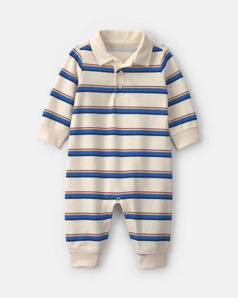 Baby Boy Striped French Terry Long-Sleeve Jumpsuit - Blue/Cream | Carter's | Carter's Inc