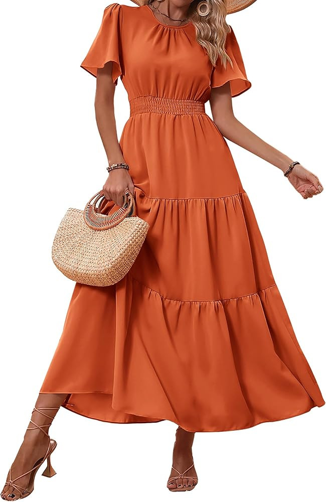 PRETTYGARDEN Women's Summer Casual Short Flutter Sleeve Round Neck Smocked Waist Tiered Boho Flor... | Amazon (US)