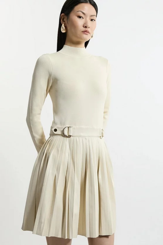 Knitted Skater Dress With Pu Detailing | Karen Millen UK + IE + DE + NL