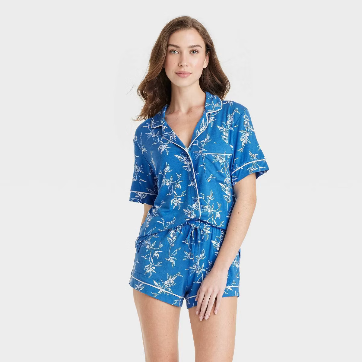 Women's Cloud Knit Short Sleeve Top and Shorts Pajama Set - Auden™ Blue/Branches XS: Botanical ... | Target