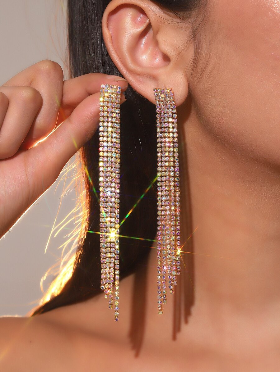 Gold Crystal AB Gorgeous Sexy Nightclub Crystal Dangling Earring Stud for Women 1Pair | SHEIN