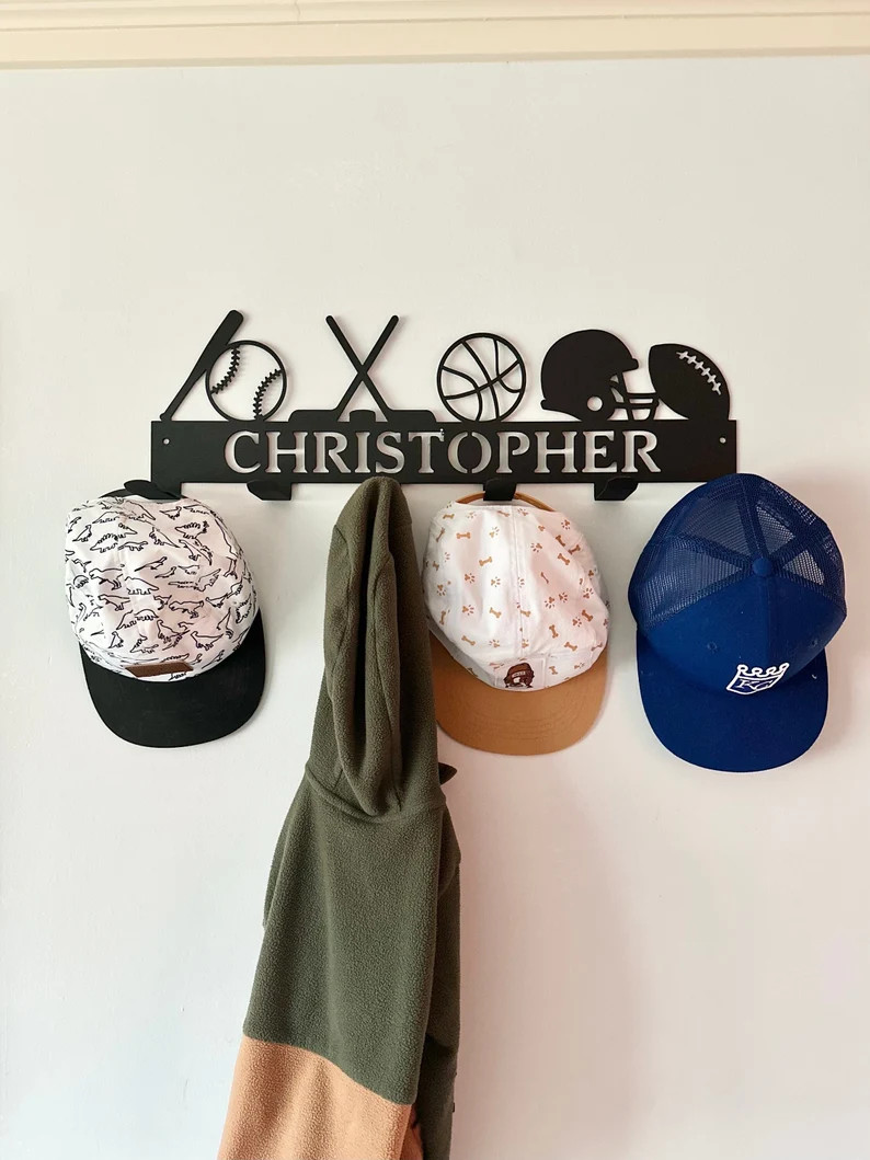 Personalized Sports Hat Rack Hanger With Hooks, Powder Coated With Matching Screws Bedroom Decor ... | Etsy (US)