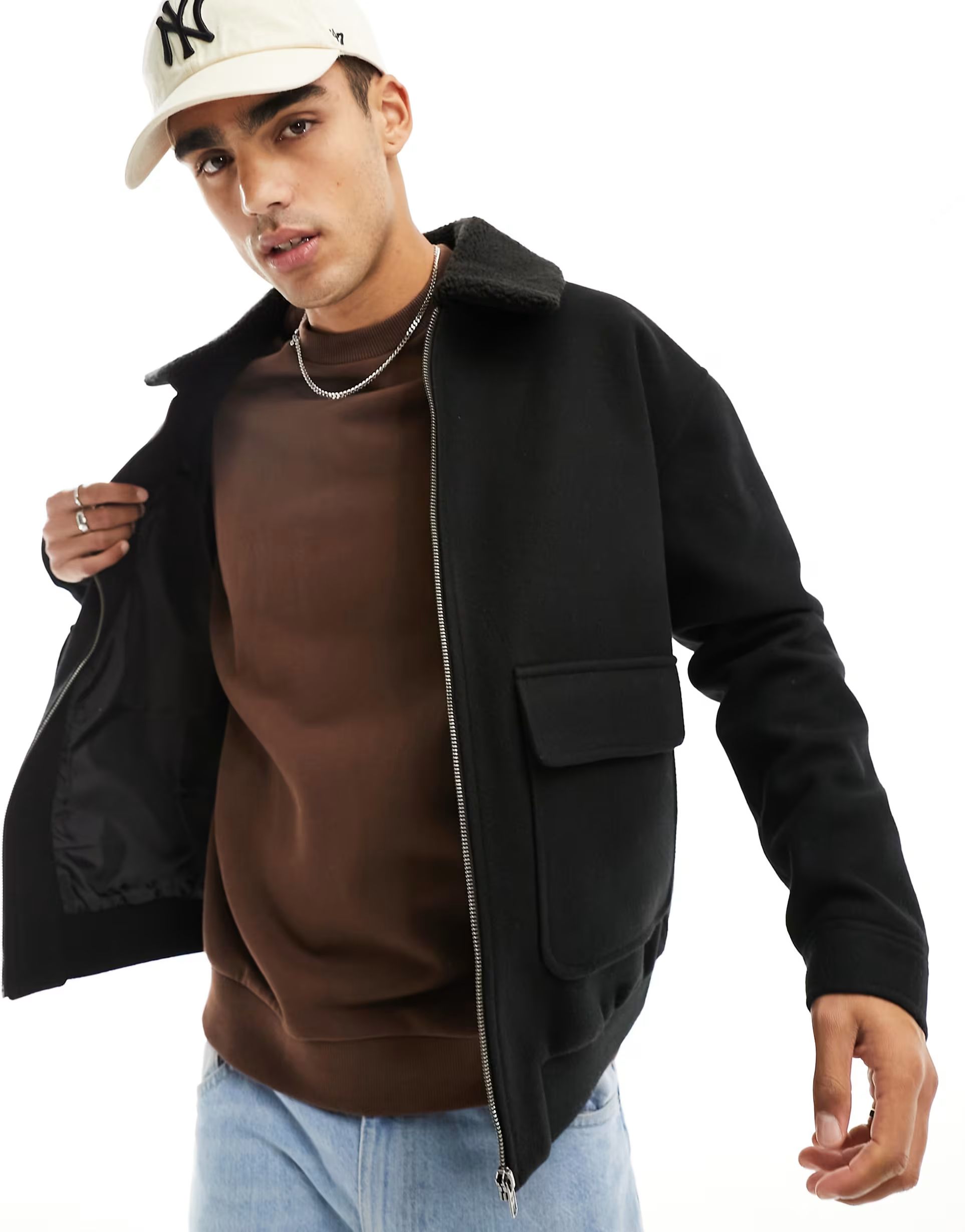 ASOS DESIGN oversized wool look bomber jacket with borg collar in black | ASOS (Global)