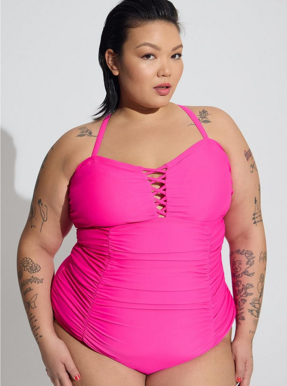 Slim Fix Wireless Lattice Front One Piece Swimsuit | Torrid (US & Canada)