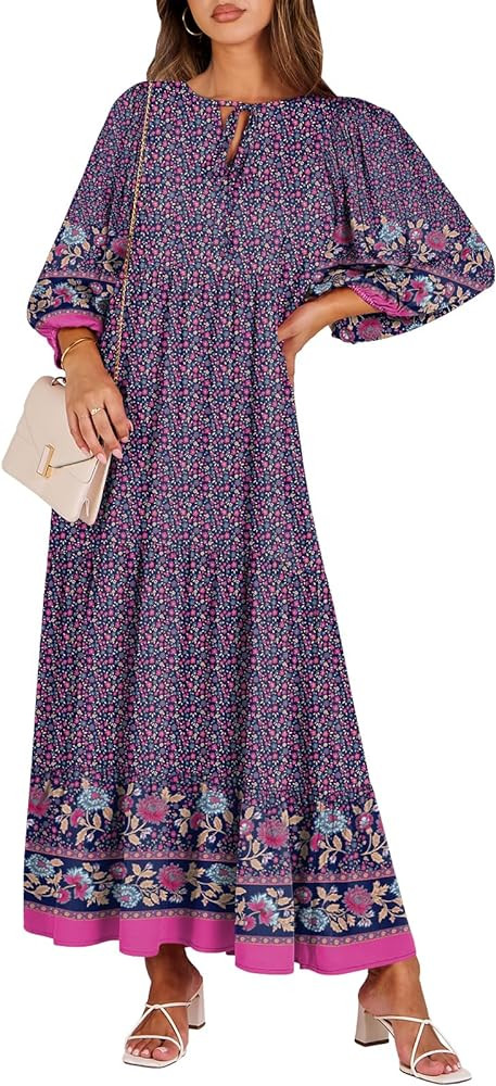 ANRABESS Womens Boho Maxi Dresses 2025 Summer V Neck Puff Sleeve Floral Flowy Swing Casual Long D... | Amazon (US)