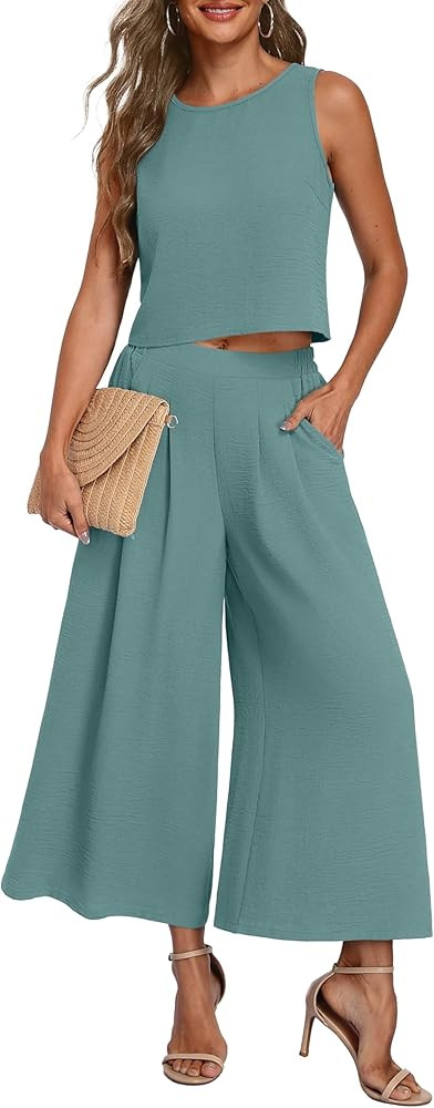 Lepunuo Womens Summer 2 Piece Outfits Sleeveless Crop Top Flowy Wide Leg Pants Matching Sets Vaca... | Amazon (US)