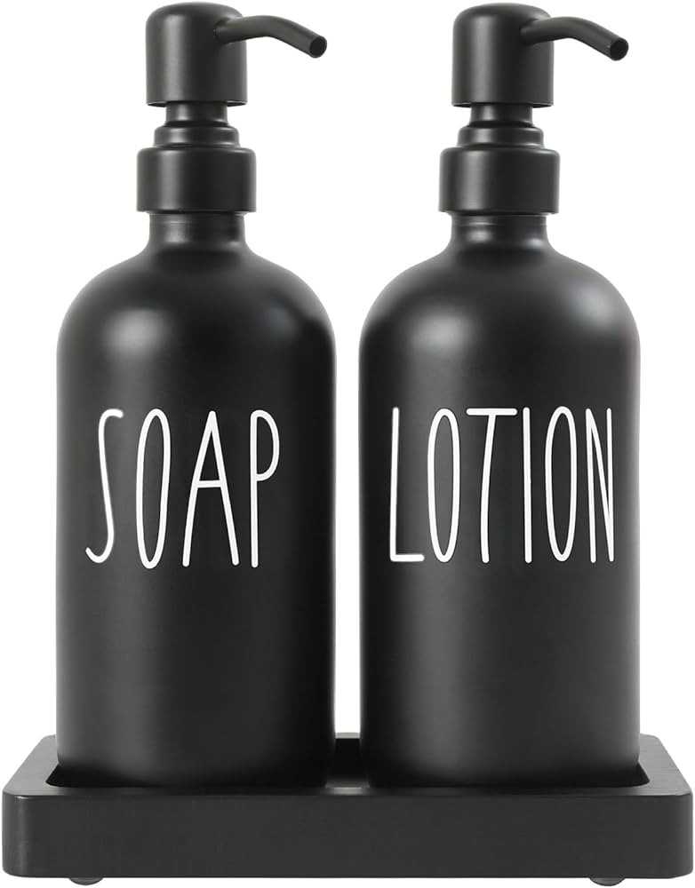 Prus Waso Black Soap Dispenser for Bathroom, Glass Soap Dispenser Bathroom with Stainless Steel Pump & Black Tray, Perfect for Bathroom Accessories Decor. (Black) | Amazon (US)