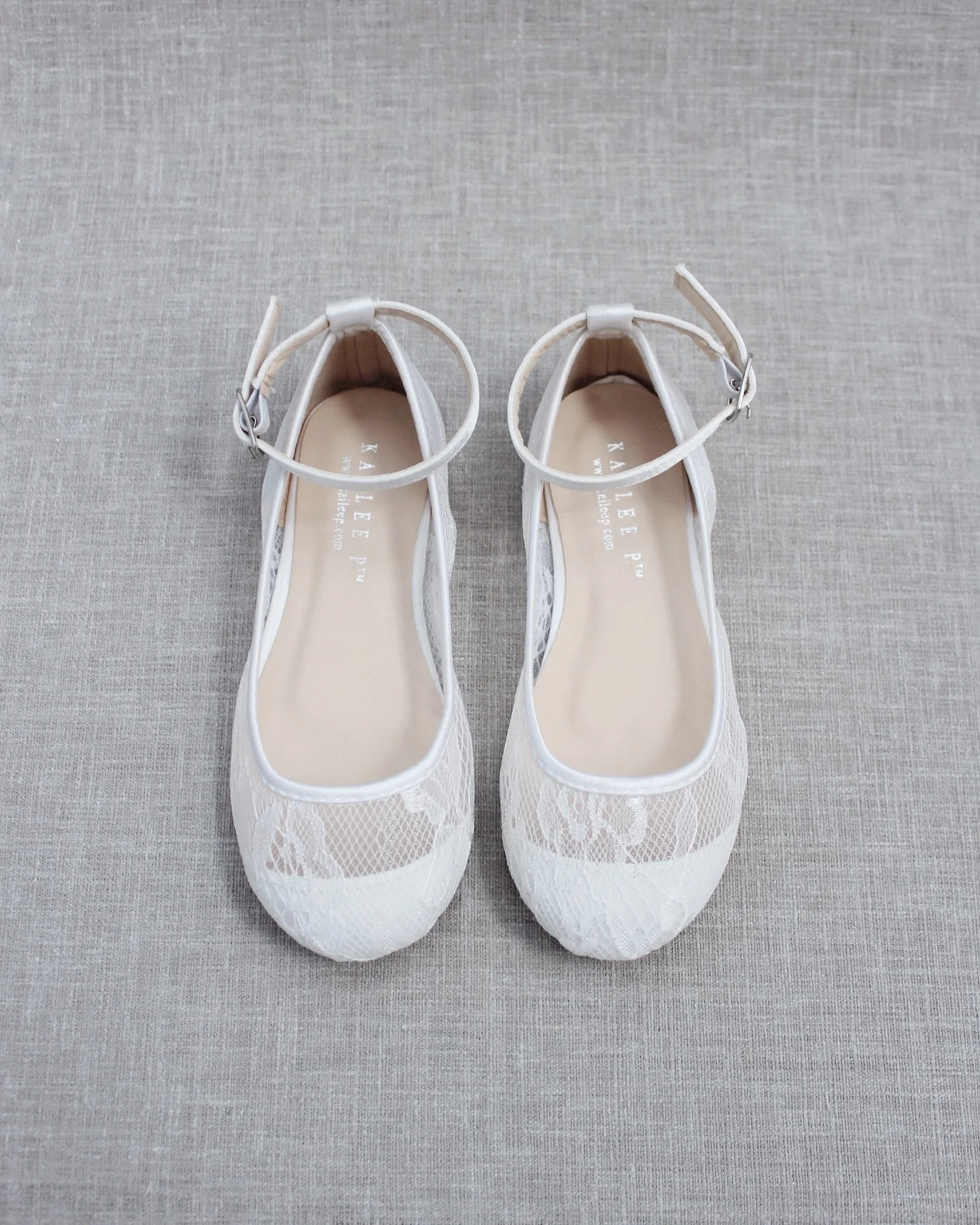 White New Lace Ballet Flats with Ankle Strap | Kailee P.