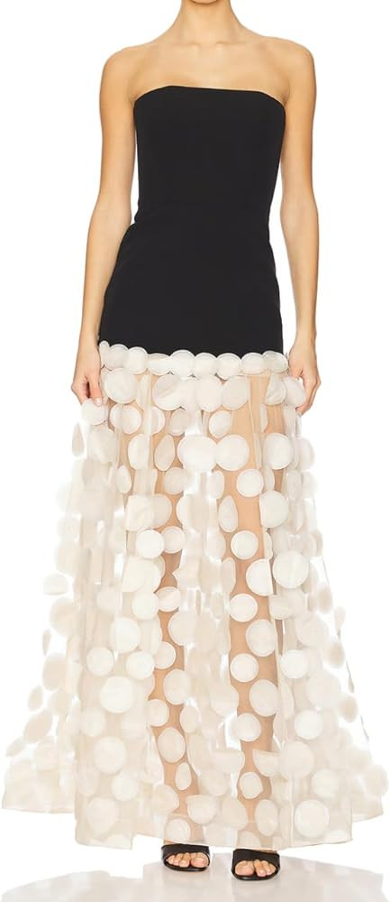Women's Natural Strapless Dress Bustier Slim Black Top Splicing White Polka Dot Net Yarn Gown | Amazon (US)