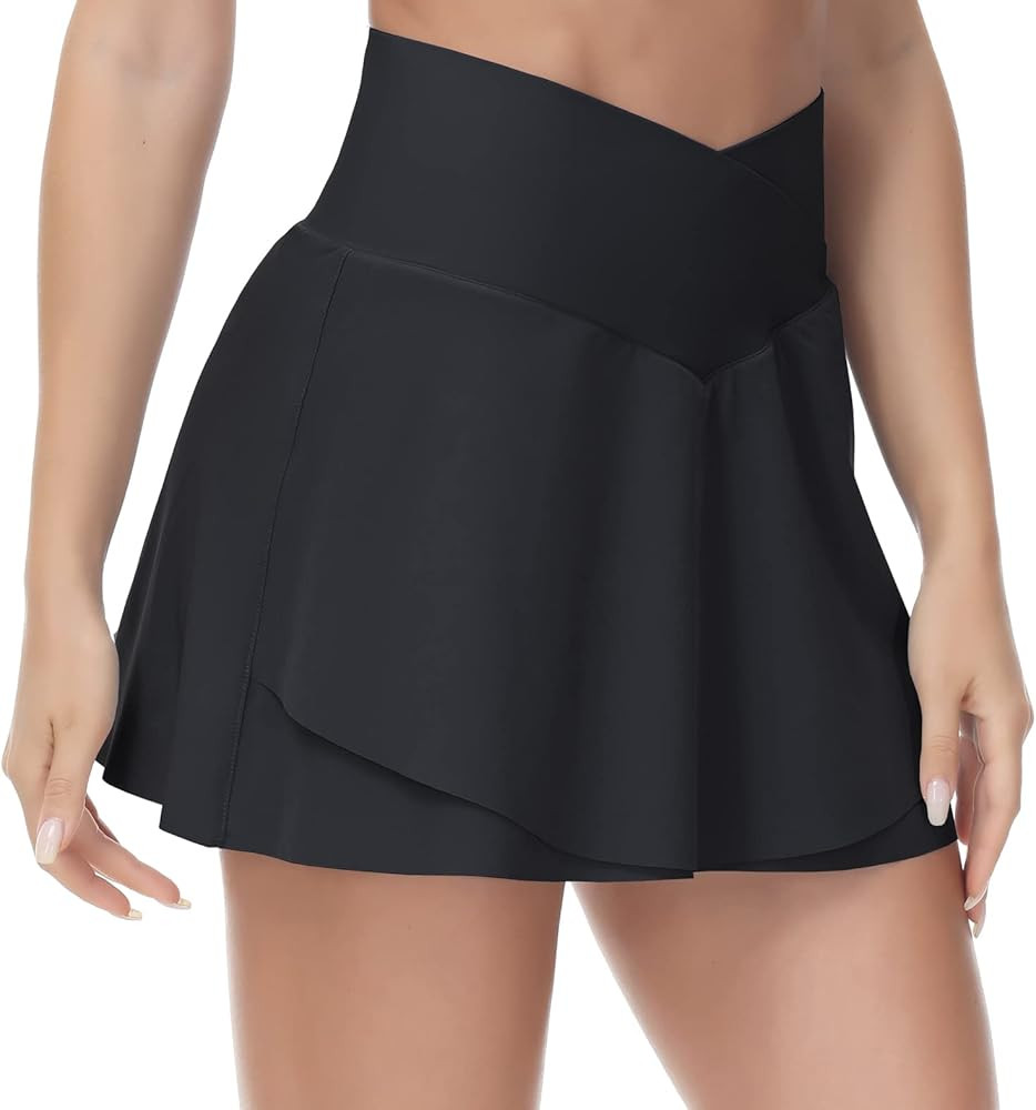 Women's Cross Waist Tennis Skirts with Cutting Hem Athletic Golf Skorts with Inner Mesh Pockets Shor | Amazon (US)