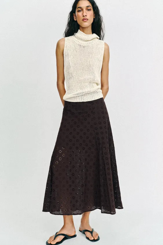 EMBROIDERED EYELET MIDI SKIRT | Zara US