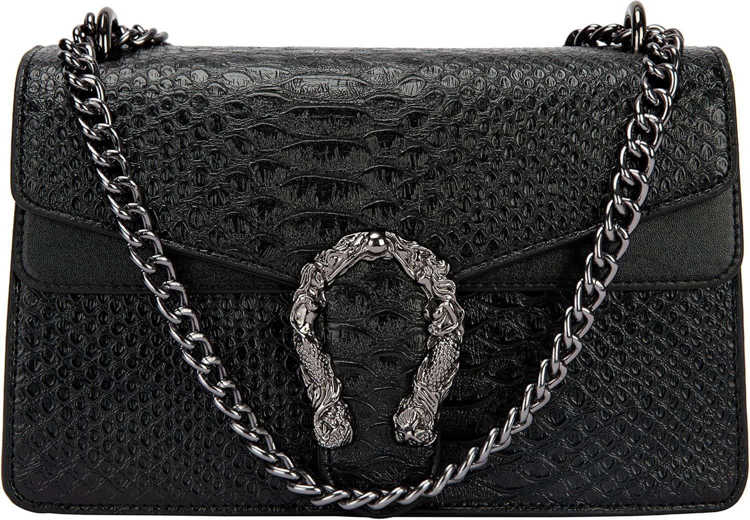 Crossbody Shoulder Square Purse For Women - Fashion Embossed Snake-Print Leather Handbag Metal Chain | Amazon (US)