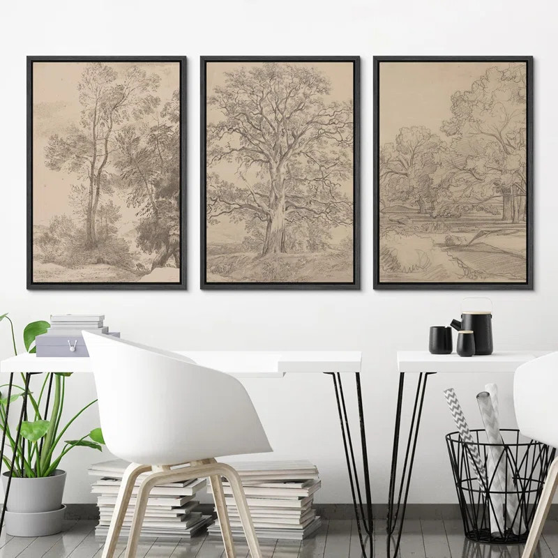 Vintage Forest Tree Sketch Rustic Countryside Landscape Picture Framed Canvas 3 Piece Print Wall ... | Wayfair North America