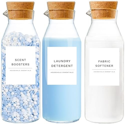 Glass Laundry Detergent Dispenser Set with Cork Lids, Fabric Softener Dispenser, Easy Pour 3 Pack Laundry Bottles, Liquid Detergent Containers, Scent Booster & Bleach Container for Laundry Room | Amazon (US)