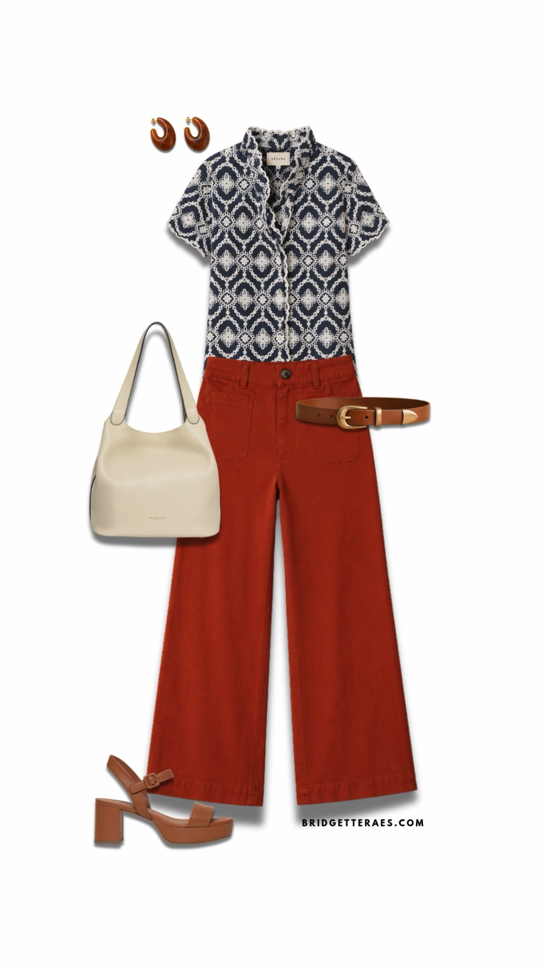 This outfit is a perfect example of how bold color can feel sophisticated when paired with timeless silhouettes and thoughtful styling. The rich rust-colored wide-leg trousers bring warmth, confidence, and personality to the look, while the intricate navy-and-ivory patterned blouse adds texture, visual interest, and a touch of vintage-inspired charm. The delicate scalloped detailing and soft ruffle neckline elevate the blouse, creating a polished contrast to the structured lines of the trousers. Warm cognac accessories—including the belt, statement earrings, and block-heel sandals—tie the color story together beautifully, while the creamy ivory handbag softens the palette and keeps the overall look feeling balanced and refined. The combination of earthy tones and classic navy creates a sophisticated yet approachable aesthetic that transitions effortlessly from the office to dinner, client meetings to weekend outings. It’s a look that feels confident, creative, and polished all at once—proof that embracing color doesn’t mean sacrificing professionalism or timeless style.

#LTKgrwm #LTKootd #LTKWorkwear