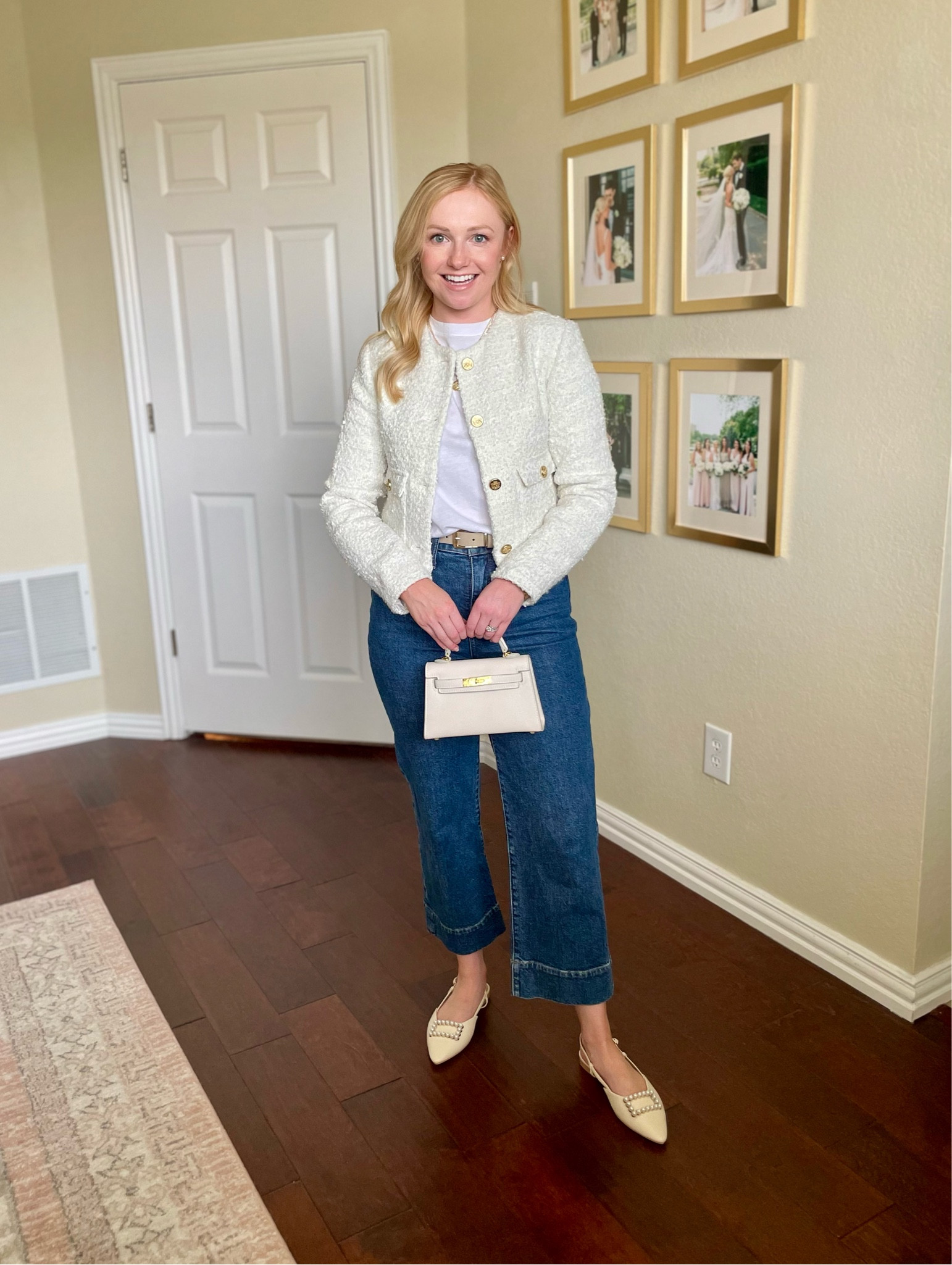 Casual spring outfit! Exact jeans are old but still in stock in a few sizes. Linked similar options! Lady jacket, tweed jacket, wide leg jeans, cropped jeans, petite jeans, workwear, business casual, white flats 

#LTKfindsunder100 #LTKSeasonal #LTKstyletip